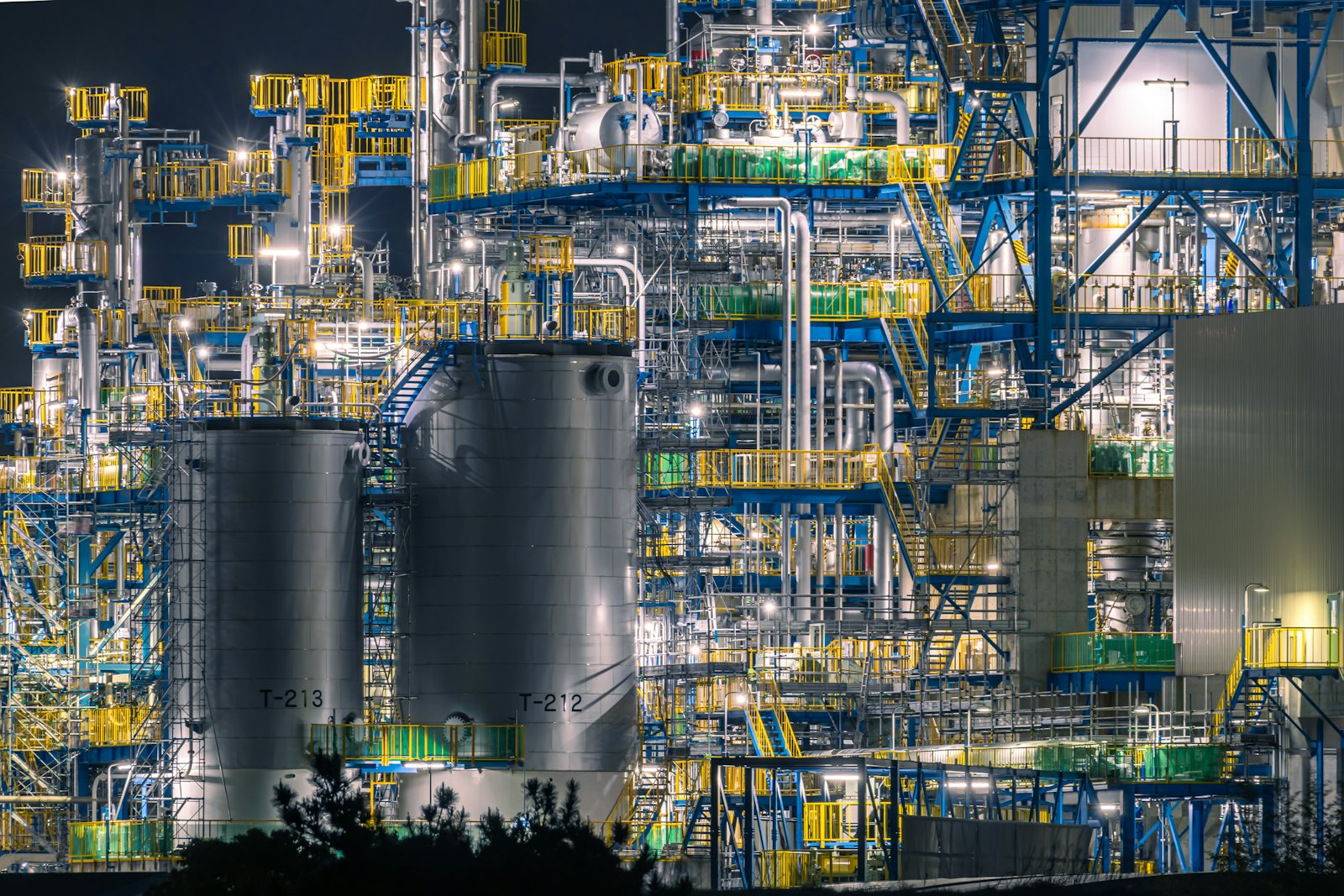 Refinery units illuminated at night